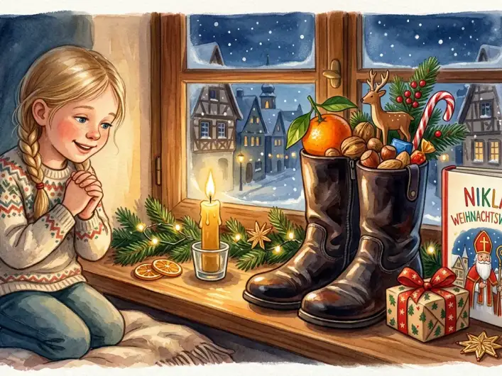 Nikolausstiefel am Fenster mit kleinen Geschenken und einem personalisierten Kinderbuch bei Kerzenlicht