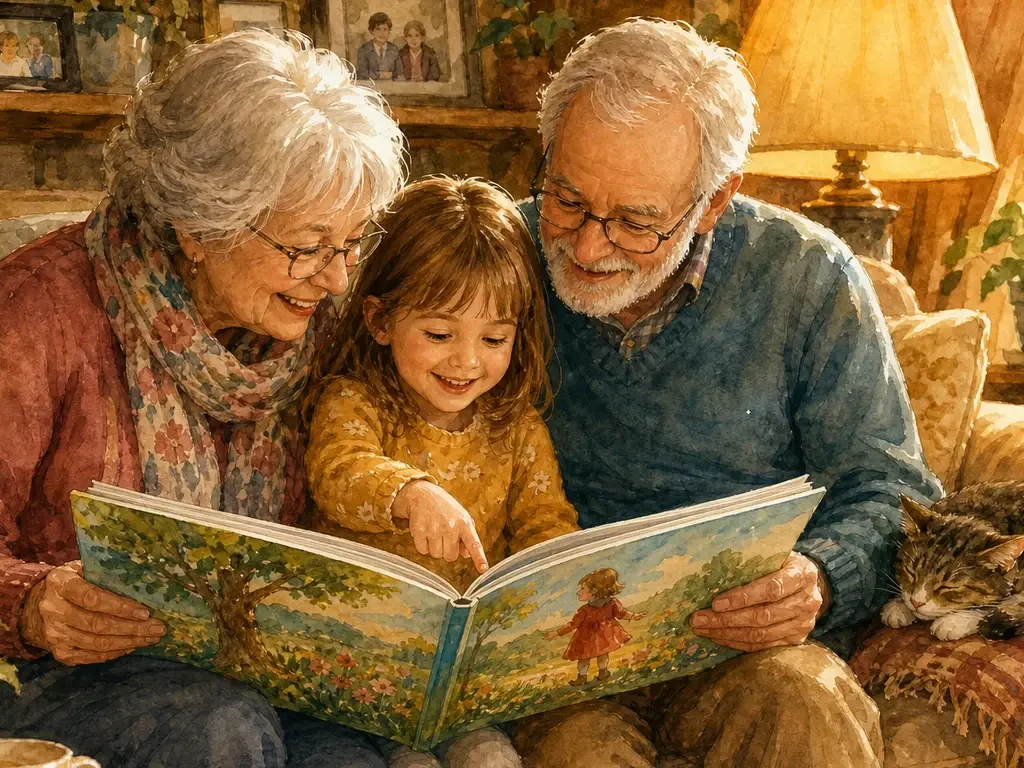 Großeltern lesen mit ihrem Enkelkind in einem personalisierten Kinderbuch auf dem Sofa