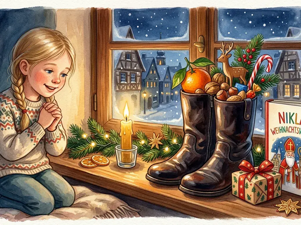Nikolausstiefel am Fenster mit kleinen Geschenken und einem personalisierten Kinderbuch bei Kerzenlicht