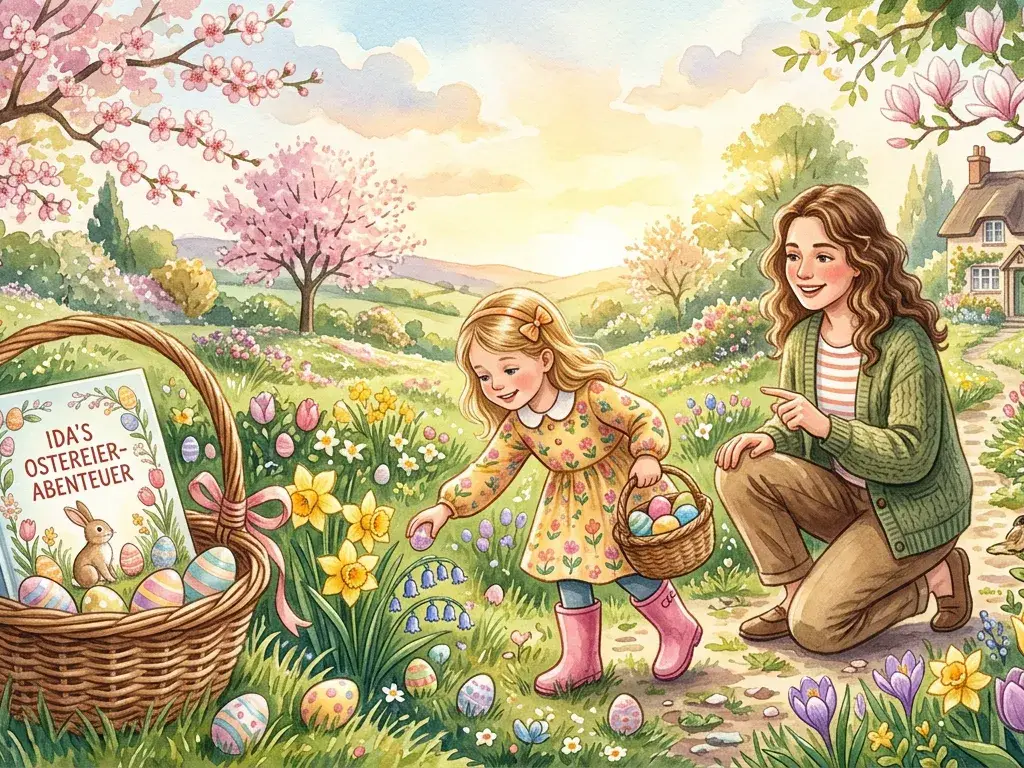 Kind und Eltern suchen Ostereier im Frühlingsgarten, ein personalisiertes Buch liegt im Osterkorb.