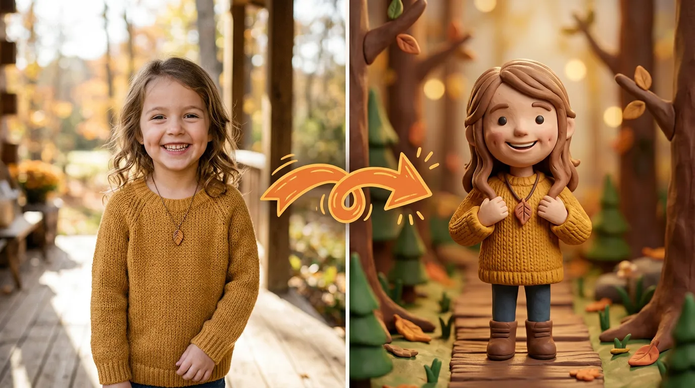 Kinderportraet verwandelt sich in eine Claymotion-Figur