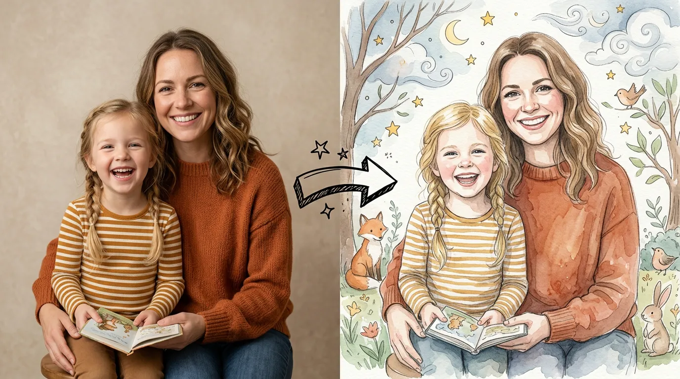Familienportraet verwandelt sich in eine Aquarell-Illustration