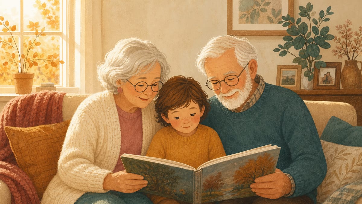 Großeltern lesen mit ihrem Enkelkind gemeinsam in einem Bilderbuch auf dem Sofa