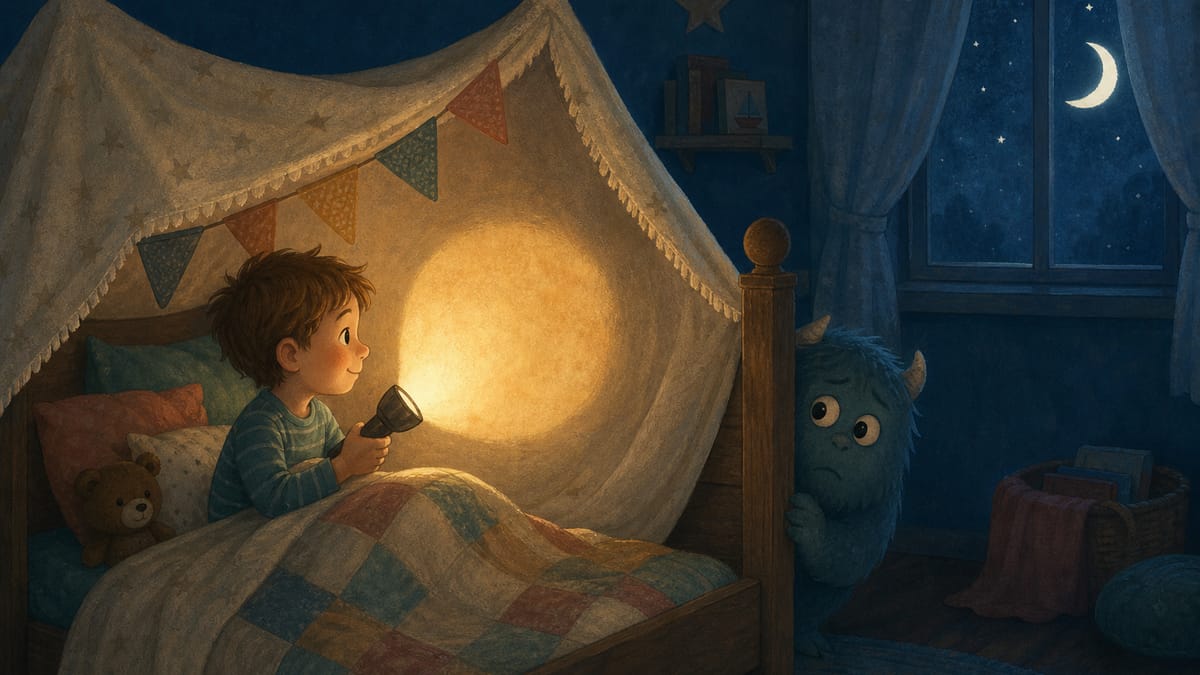 Kind mit Taschenlampe im Bett, daneben lugt ein schüchternes freundliches Monster hervor