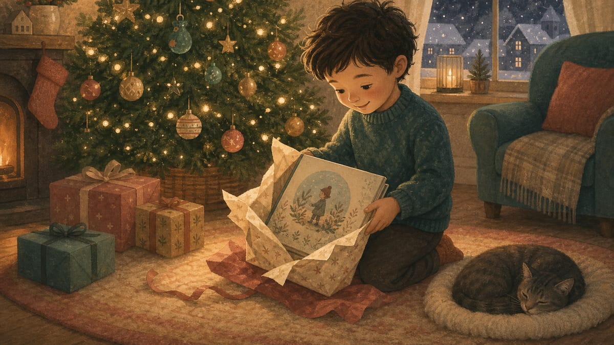 Kind packt am Weihnachtsbaum ein Bilderbuch aus Geschenkpapier aus