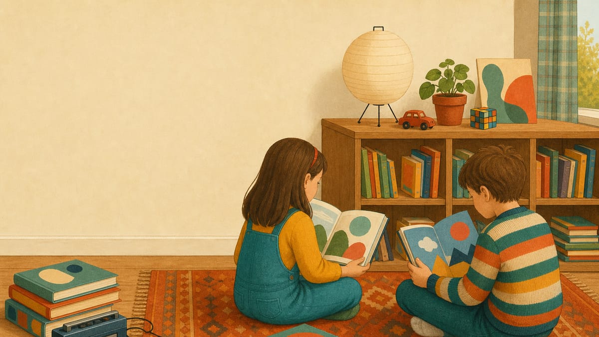 Zwei Kinder lesen Bilderbücher auf einem Teppich in einem Kinderzimmer der 80er mit Kassettenrekorder, Zauberwürfel und Papierlampe