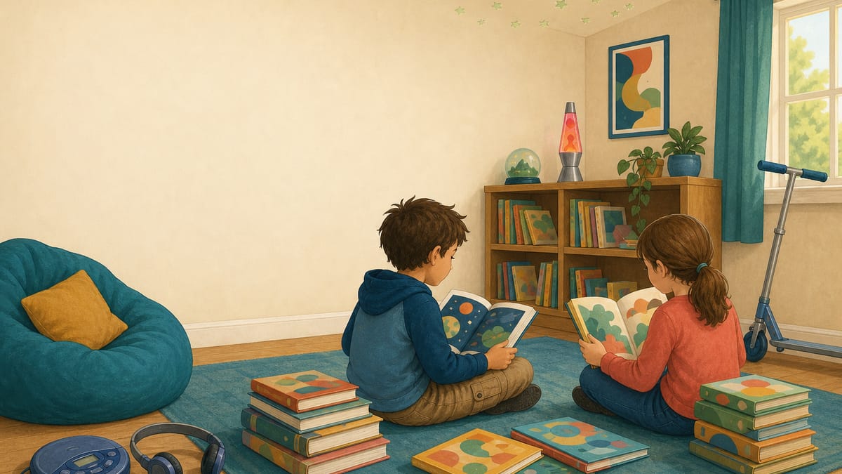 Zwei Kinder lesen Bilderbücher auf einem Teppich in einem Kinderzimmer der 2000er mit Discman, Handheld-Konsole, Sitzsack und Lavalampe
