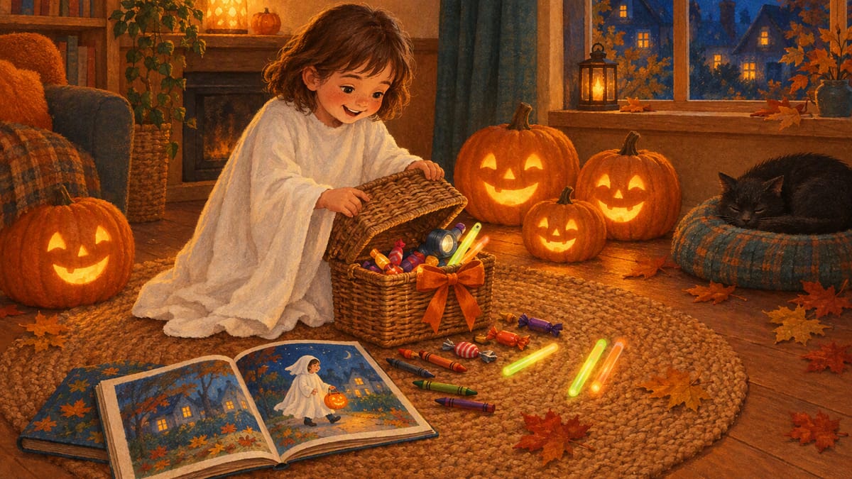 Kind im Gespensterkostüm öffnet an Halloween einen Geschenkkorb, daneben Kürbislaternen und ein Bilderbuch, in dem es selbst im Kostüm zu sehen ist
