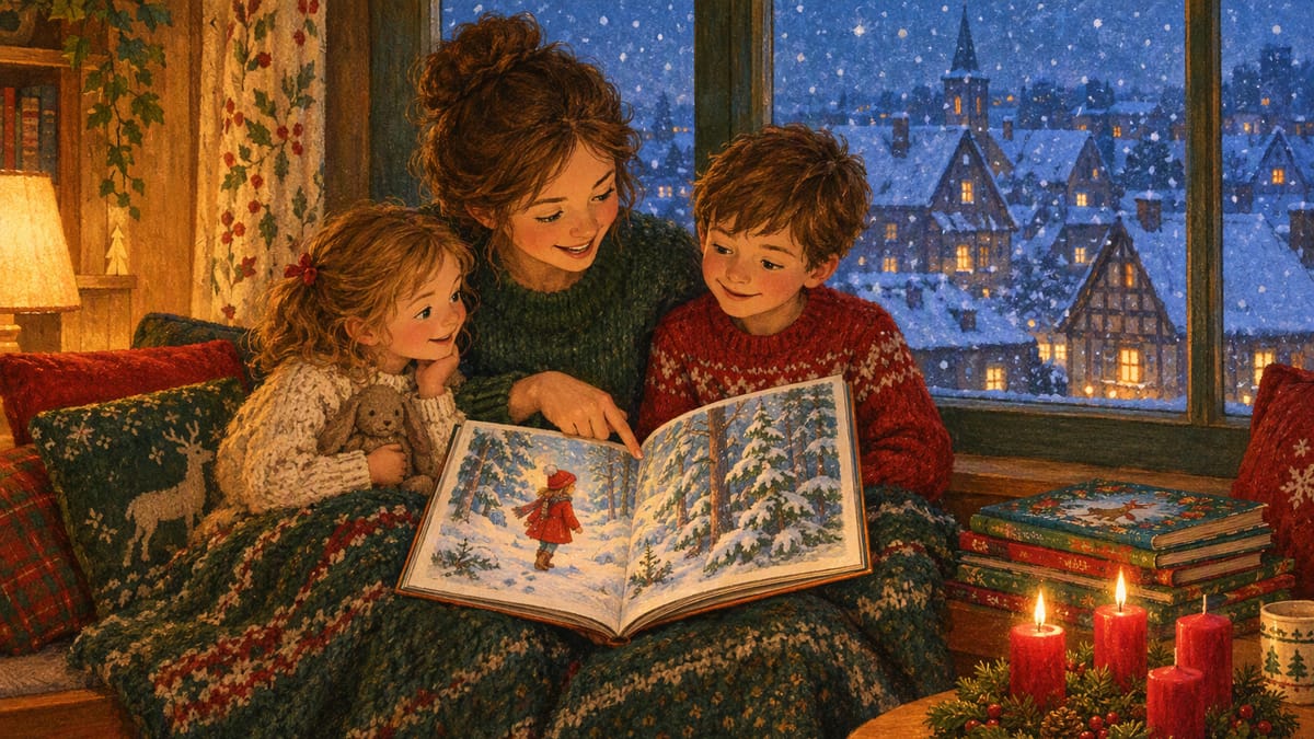 Mutter liest zwei Kindern unter einer Strickdecke am Fenster ein Weihnachtsbuch vor, das Mädchen sieht sich selbst im Buch durch einen verschneiten Wald gehen, daneben ein Adventskranz und ein Stapel Weihnachtsbücher
