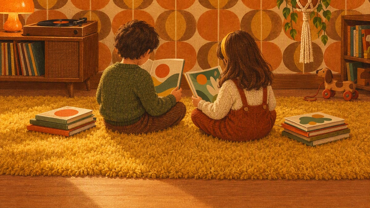 Zwei Kinder lesen Bilderbücher auf einem gelben Hochflorteppich in einem Kinderzimmer der 70er mit Plattenspieler, Pilzlampe, Makramee-Blumenampel und gemusterter Tapete