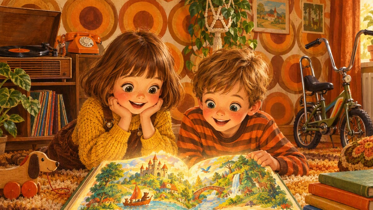 Zwei Kinder liegen in einem 70er-Jahre-Kinderzimmer mit Kreistapete, Plattenspieler und Bonanzarad und staunen in ein leuchtendes Bilderbuch