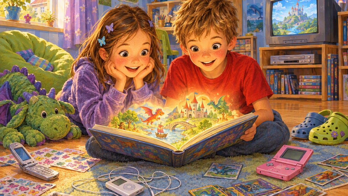 Zwei Kinder in einem Kinderzimmer der 2000er mit Klapphandy, MP3-Player, Spielkonsole und Sammelkarten staunen in ein Bilderbuch